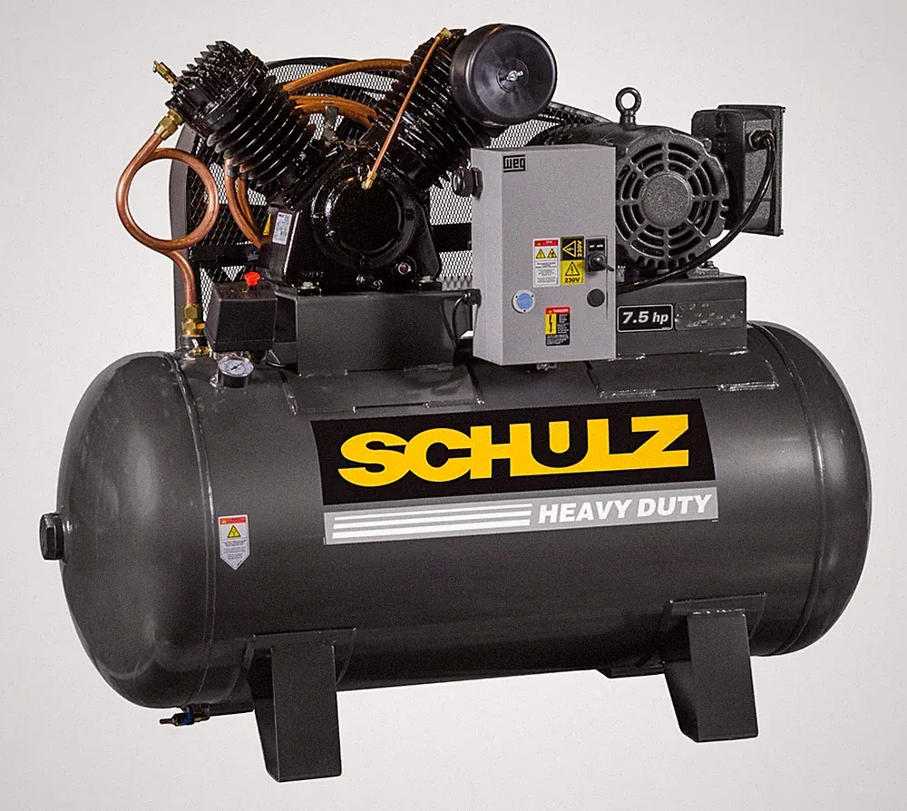 SCHULZ AIR COMPRESSOR, 7.5HP, SINGLE PHASE, HORIZ 80 GAL TANK, 30CFM, 175 PSI