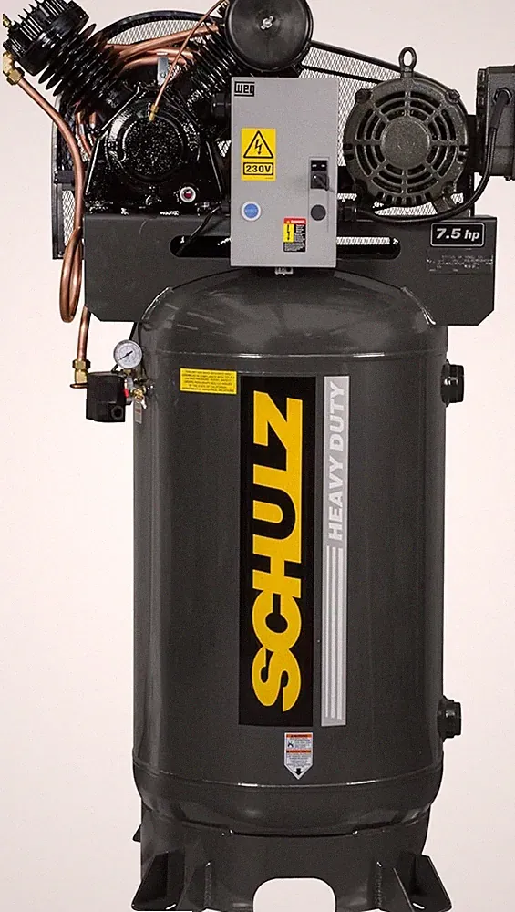 SCHULZ INDUSTRIAL AIR COMPRESSOR, 7.5HP SINGLE PHASE, 80 GALLON, 30CFM, 175 PSI
