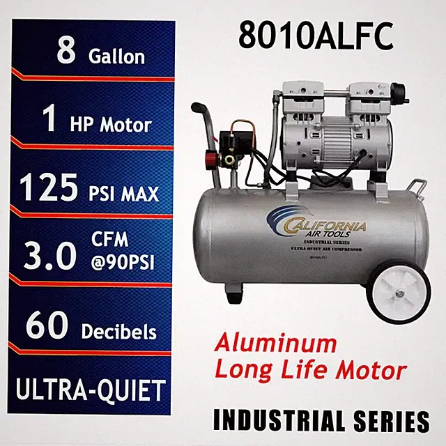 Ultra Quiet and Oil-Free 1.0 HP 8.0 Gal. 120 PSI Electric Aluminum Tank Air Comp